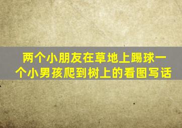 两个小朋友在草地上踢球一个小男孩爬到树上的看图写话