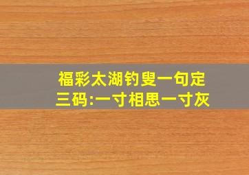 福彩太湖钓叟一句定三码:一寸相思一寸灰